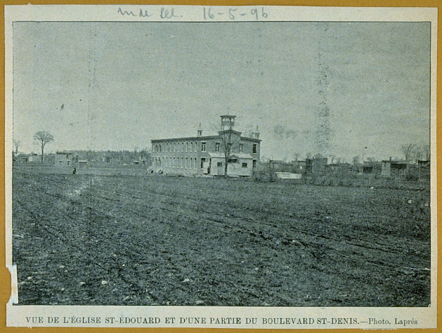 Église St-Edouard - coins Beaubien/St-Denis 1896. BANQ. Tiré des albums de rues Édouard-Zotique Massicotte qui renferment plus de six mille illustrations portant spécifiquement sur Montréal et couvrant la période 1870 à 1920.